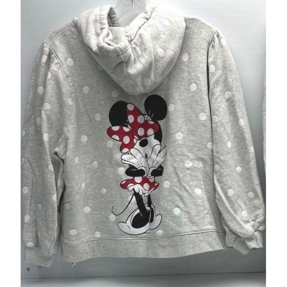 Disney Hoodie Women's 1X Gray White Minnie Mouse Polka Dot Full Zip Parks - Picture 2 of 5